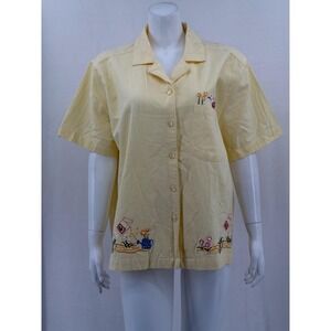 Jane Ashley Top Womens 1X Yellow Short Sleeve Button Up Embroidered Grandmacore